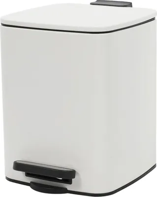 A white pedal bin with a black pedal and lid accent.