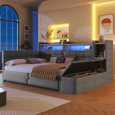 Produktbild von Merax Tagesbett Daybett 140x200cm, Schlafsofa mit 2 Schubladen, USB & Typ-C, Regal mit LED, Stauraumbank, Polsterbett, Kinderbett, Samt, Dunkelgrau