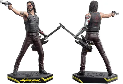 Two views of a Cyberpunk 2077 Johnny Silverhand figurine on a black base with yellow accents and the Cyberpunk logo.