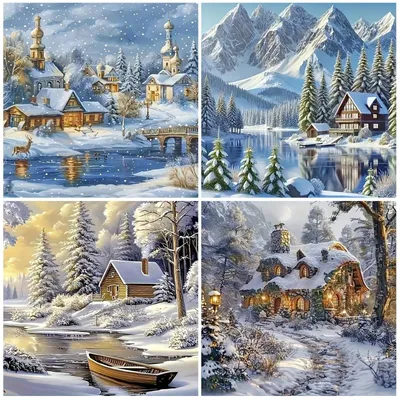 Obrázek produktu pro Solidchoice – Sada 4 výšivek podle vzoru "Zimní krajina", rozměr 30 x 30 cm