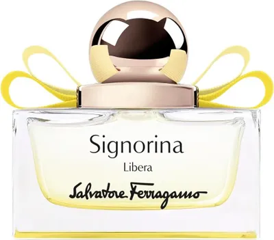 A clear, front-facing studio shot of a Salvatore Ferragamo Signorina Libera perfume bottle.