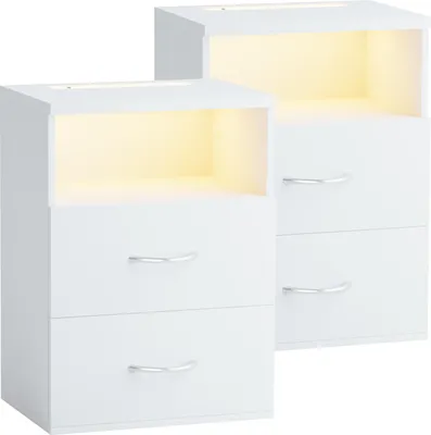 Produktbild von CASARIA® Nachttisch 2er Set Touch LED Beleuchtung 40x28x55cm Holz 2 Schubladen Boxspringbett Schlafzimmer Wohnzimmer Beistelltisch Nachtschrank Weiß