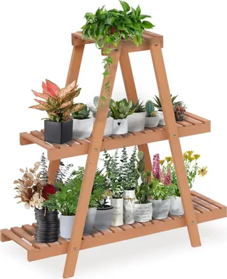 Produktbild von Happy Home Pflanzenregal Blumenregal Outdoor Blumenständer aus Kiefernholz Leiterregal Küchenregal Blumenregal Organizer für Garten 80 x 25 x 78 cm
