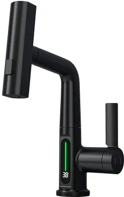 Produktbild von Uitschuifbare 360-Grad-Drehkran, LED-Temperaturanzeige, 3 Wasserstrahlstellen, Küchenmischkran, Wasserhahn für Küche und Bad (schwarz)