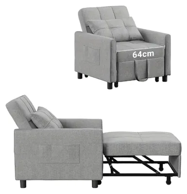Imagen del producto de Sillón reclinable 3 en 1 en color gris: Silla convertible con función de cama, cojín y práctico bolsillo lateral