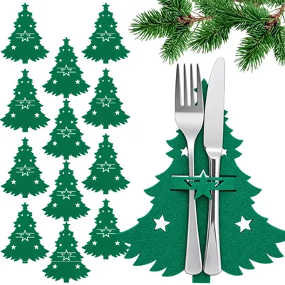 Produktbild von Bestecktaschen Filz Weihnachten Weihnachtsbaum 12er Set Grün Besteckhüllen Tischdeko Festtafel