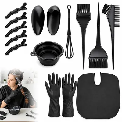 Produktbild von Haarfärbe Pinsel Set 15-teilig, Haarfärbezubehör Set mit Umhang, Handschuhen, Bürsten, Kamm & Färbeschale, komplettes Färbeset