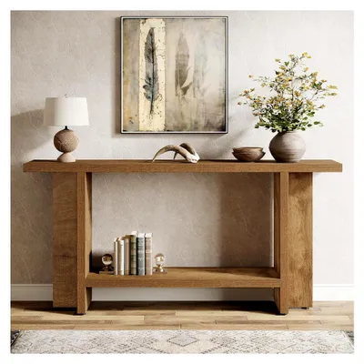Produktbild von 150 cm schmaler Konsolentisch mit Ablage, Flurtisch, langer Sofatisch hinter der Couch für Wohnzimmer, Flur, Eingangsbereich, einfache Montage, helles Eichenbraun