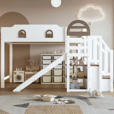 Produktbild von Odikalo Kinderbett Etagenbett Fenster Rutsche Treppen Schließfächer Stauraum Weiß 90x200cm