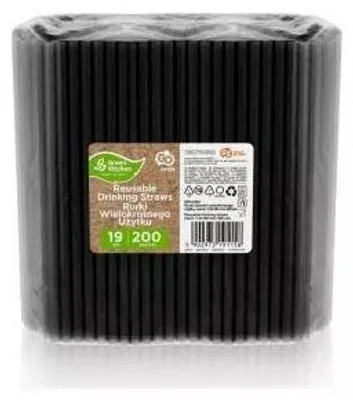 Zdjęcie produktu dla Czarne Rurki Wielokrotnego Użycia - 200 Ekologicznych Słomek 7,5x190 mm, Idealne do Drinków i Smoothie - Dbaj o Środowisko i Ciesz się Smakiem!