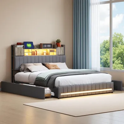 Obrázok produktu pre Postel s úložným priestorom 140x190 cm - látka: ľan - s roštom, úložným priestorom, LED osvetlením a USB portmi