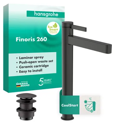 Immagine prodotto di hansgrohe Finoris robinetterie de lavabo 260 CoolStart pour lavabos à poser, avec vidage Push-Open, 76072340, 76072340