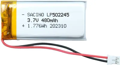 A close-up shot of a small rechargeable lithium polymer battery with wires and a connector.