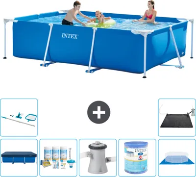 Produktbild von Intex-Schwimmbecken mit rechteckigem Rahmen – 300 x 200 x 75 cm – Blau – im Lieferumfang enthalten Abdeckung - Wartungspaket - Filterpumpe für Schwimmbad - Filter - Bodenplane - Reinigungskit