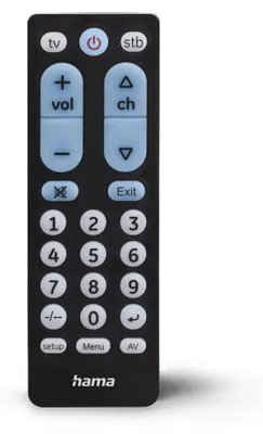 Produktbild von Hama Universal-Fernbedienung TV, AV-Receiver, MP3/MP4-Player, TV, VCR, IR Wireless, Drucktasten, Schwarz