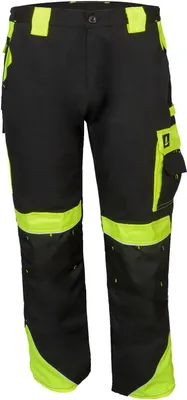 A pair of black work pants with yellow accents.