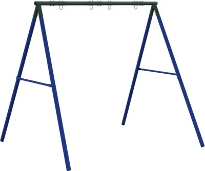 A blue and green metal swing set frame against a white background.