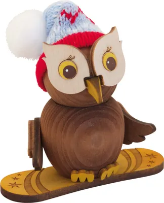 Produktbild von Drechslerei Kuhnert - Mini-Eulen aus Holz - mit Snowboard - ca. 7 cm groß - als Dekoration oder Geschenk geeignet