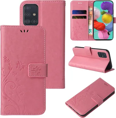 A collage of images showing a pink floral butterfly embossed flip phone case for a Samsung Galaxy A51.