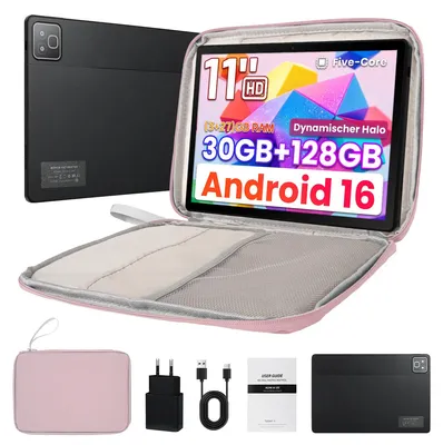 Produktbild von Tablet 11 Zoll Android 16, mit Tasche, 30 GB RAM, 128 GB ROM (erweiterbar auf 1 TB per TF-Karte), 7800 mAh, WLAN 6, Bluetooth 5.4, Dual-Kamera