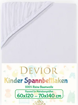 Produktbild von Devior Jersey Kinder Spannbettlaken 60x120 - 70x140 cm weiß Bettlaken 100% Baumwolle bis 12cm Matratzenhöhe Gummizug
