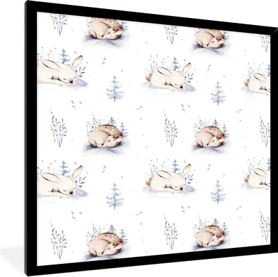 Produktbild von MuchoWow® Gerahmtes Poster Winter - Kaninchen - Hirsche 40x40 cm - Poster mit Schwarzem Bilderrahmen Wandposter Rahmen Foto Bilder - Mit Rahmen - Wanddekoration Schlafzimmer