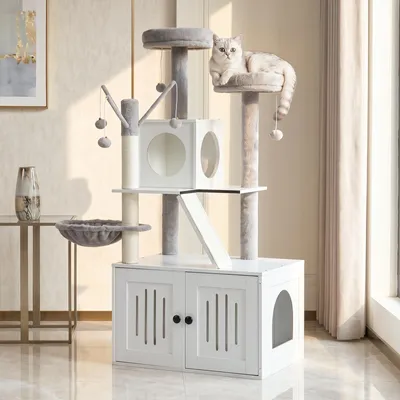 Produktbild von FCH Katzenbaum mit Katzenklo Schrank, 135 cm hoch, mit Liegemulde, Kratz Stämmen, Plüschbälle, Weiß