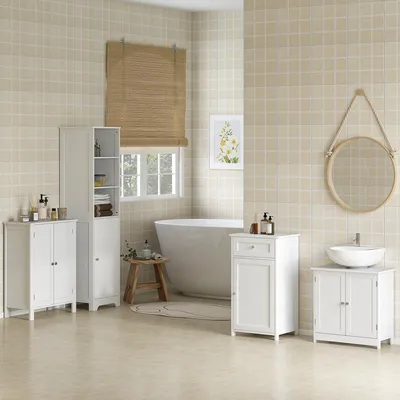 Image de Armoire de salle de bain haute avec 3 étagères ouvertes, 1 porte et un compartiment réglable, dimensions : 40 x 38 x 160 cm, couleur : blanc