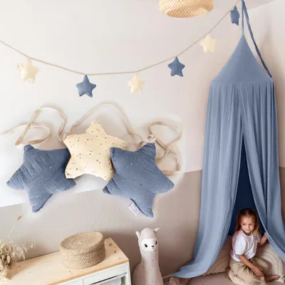 Productafbeelding van Sterrenslinger crème & blauw met gouden applicatie - stoffen slinger 3 m