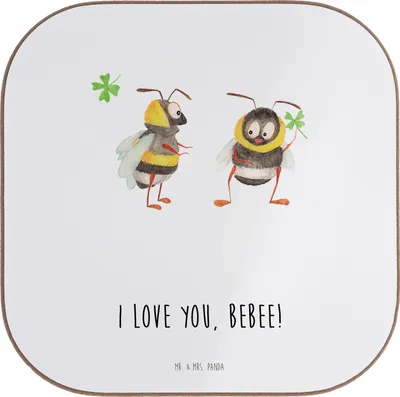 Produktbild von Mr. & Mrs. Panda Holzuntersetzer Bienen Paar - Weiß - Geschenk, Freund, Schildkröten, Untersetzer Glas, Hochzeitstag, gläseruntersetzer, Valentinstag, für Frauen, Gläser