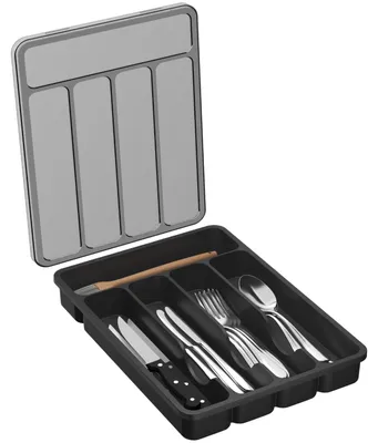 Besteckschubladen-Organizer mit Deckel, 5 Fächer, Schwarz, Kunststoff
