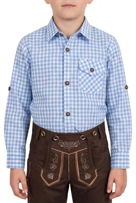 Produktbild von Kinder Trachtenhemd für Trachtenlederhosen Trachtenmode kariert , Farbe:Himmelblau, Größe:164/170