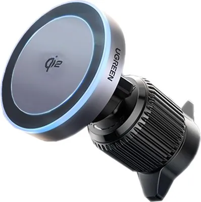 A close-up product shot of a car phone mount with wireless charging capabilities.