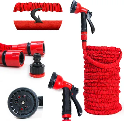 Produktbild von Grafner Gartenschlauch flexibel dehnbar Flexischlauch, 30 Meter, 3-fach Latexkern, mit 8-fach Soft-Multifunktionsbrause, KEIN PLATZEN, massive Steckverbinder, rot flexi Schlauch