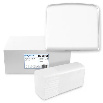 Produktbild von HyPaFol Handtuchspender, Interfold, Mini, weiß matt mit Papierhandtuch, Z-Falz, 2-lagig, hochweiß, 20,6 x 24 cm, 3.750 Blatt