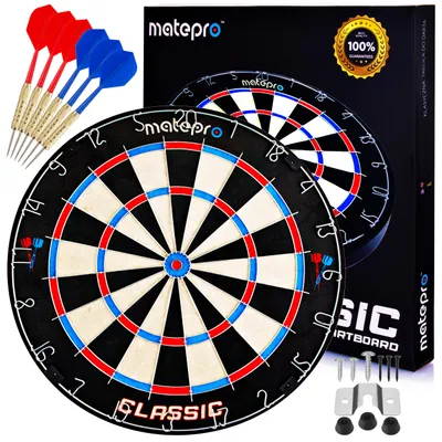 Zdjęcie produktu dla Tarcza Sizalowa dart Matepro Classic, wymiary turniejowe, 6 rzutek z zintegrowanymi piórami, obrotowy pierścień