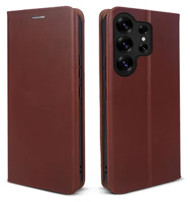 Produktbild von Leder Handyhülle für Samsung Galaxy S25 Ultra Echtleder Lederhülle Klapp Cover Hülle Case Kartenfach RFID Schutz Farbe: Dunkelbraun