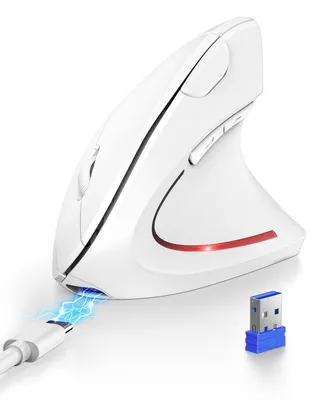 Immagine prodotto di Mouse Bluetooth ergonomica, ricaricabile, wireless, verticale, con tecnologia BT 5.3, con 6 livelli di DPI regolabili fino a 4800, sensore ottico silenzioso, wireless, colore bianco