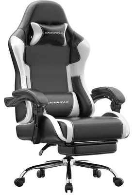 Obrázek produktu pro Herní židle, ergonomická židle, herní křeslo s podnožkou, nosnost 150 kg, herní židle s nastavitelnými podloketníky, černá a bílá