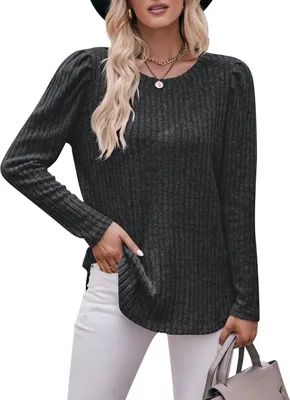 Image de ASKSA Femme T-shirt manches longues col rond côtelé Casual Elégant Tricot Tunique Hauts Pulls, Noir, 2XL