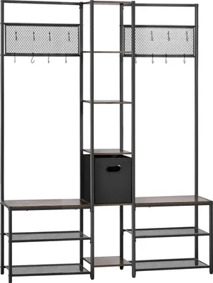 Immagine prodotto di SucceBuy Appendiabiti angolare multifunzionale (altezza 180 cm) con ganci, ripiani e robusto telaio in acciaio, appendiabiti con protezione antiribaltamento, ideale per ingressi, uffici e soggiorni, aspetto rustico marrone