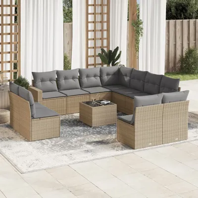 Produktbild von Design 12-tlg. Garten-Sofagarnitur mit Kissen Beige Poly Rattan, Gartensofas 2024