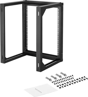 Produktbild von SucceBuy 12U Wandmontage-Server-Rack, maximale Tragkraft 68,04 kg, offenes Rahmen-Design mit 180-Grad-Türöffnung, Kohlenstoffstahl, geeignet für 482 mm IT-Netzwerk- und AV-Geräte, Computerserver, Schwarz