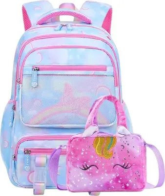 Produktbild von Ultiluxe Schulrucksack mit Lunchbox - Blau/Rosa/Violett - 2tlg. Set - 19L und 2L - Einhorn Rucksack für Kinder