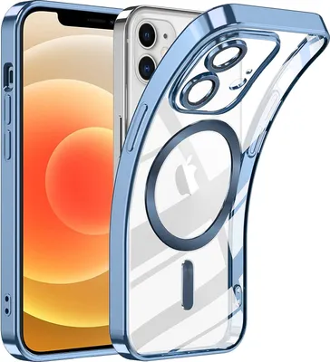A clear phone case with a blue metallic border is shown, with a phone partially visible behind it.