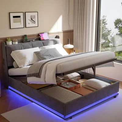 Obrázek produktu pro Postel ProximaX, rozměry 160x200 cm, potah z veluru, šedá barva, s úložným prostorem, RGB LED osvětlením, USB-C nabíjecím portem a zásuvkou