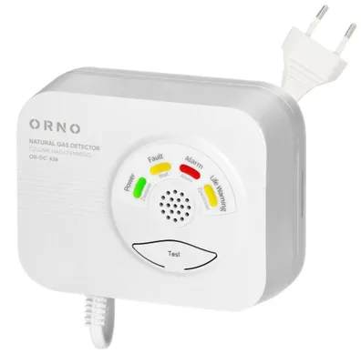 Produktbild von ORNO OR-DC-636 Erdgasdetektor, 230 V AC, optische und akustische Anzeige, Testtaste, 70 dB, modernes Design, einfache Installation, ideal für Wohnhäuser, Küchen, Zentralheizungsanlagen, Garagen, Weiß