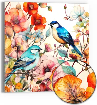 Produktbild von DEQOART Hybrid Leinwand Bild 30x30 cm 'Blütenvögelzauber' Wandbild Glas flach modern