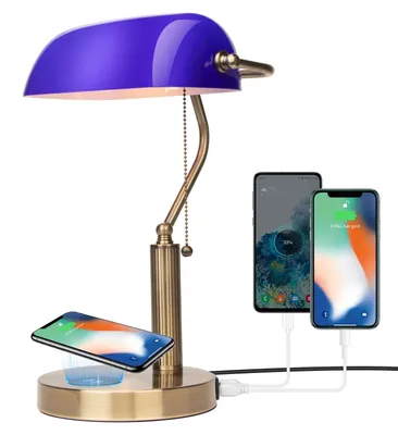 Obrázek produktu pro Modrá stolní lampa s bezdrátovým nabíjením a USB portem