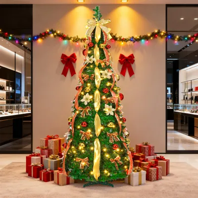 Image de LARS360, sapin de Noël pop-up de 180 cm avec éclairage LED, rouge et or, sapin de Noël artificiel avec pied et décorations